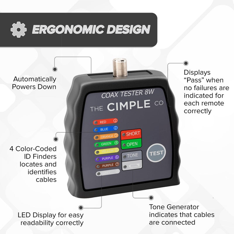 THE CIMPLE CO جهاز اختبار كابل التوصيل من CIMPLE CO، 8 منافذ، محدد الأسلاك، جهاز اختبار الاستمرارية، اختبار حتى 8 مواقع، يتضمن أجهزة تحكم ملونة، خريطة، جهاز تنبيه، أسود - Image 4